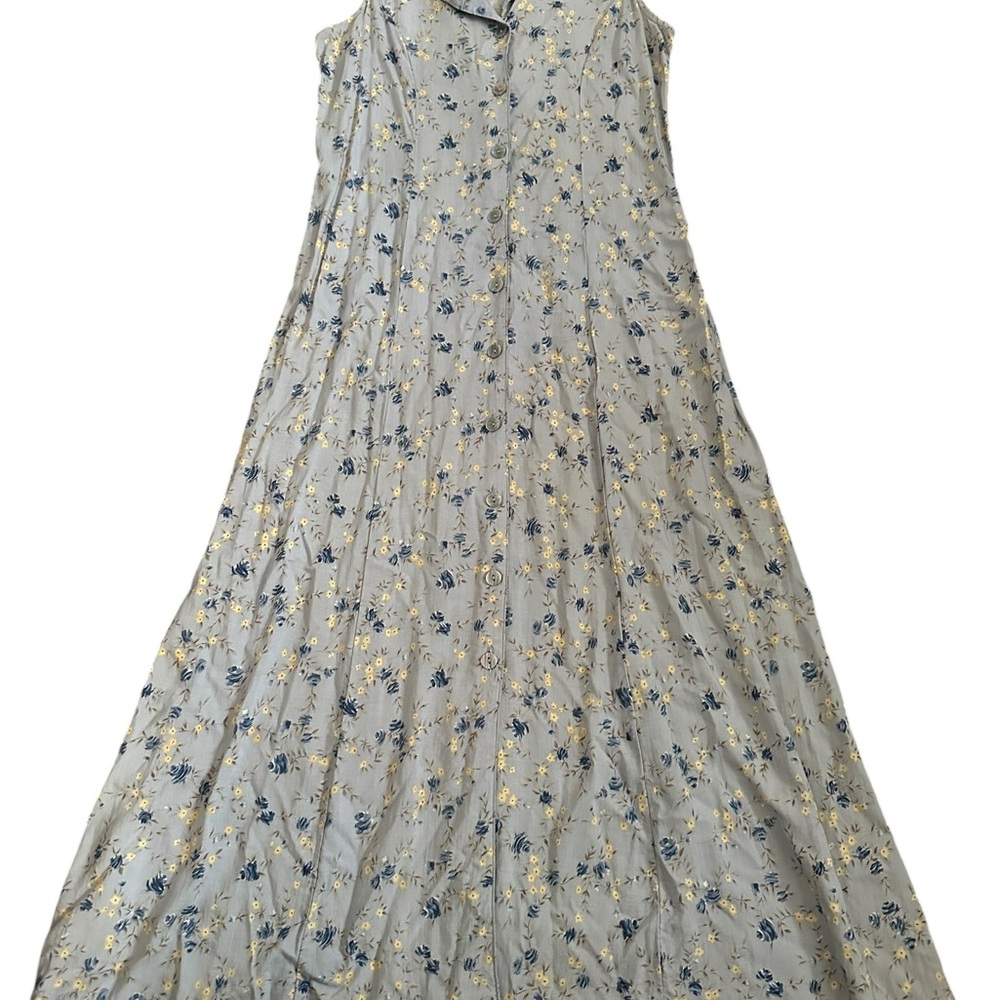 Vtg Floral Sleeveless Denim Collar Cottagecore Dress Button down Maxi Prairie 8